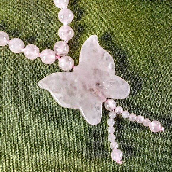 Rose Quartz Bead Necklace with Butterfly Pendant - Picture 7 of 8
